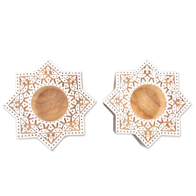 Novica Handmade Kaleidoscopic Sky Wood Tealight Candle Holders (Pair) - Brown