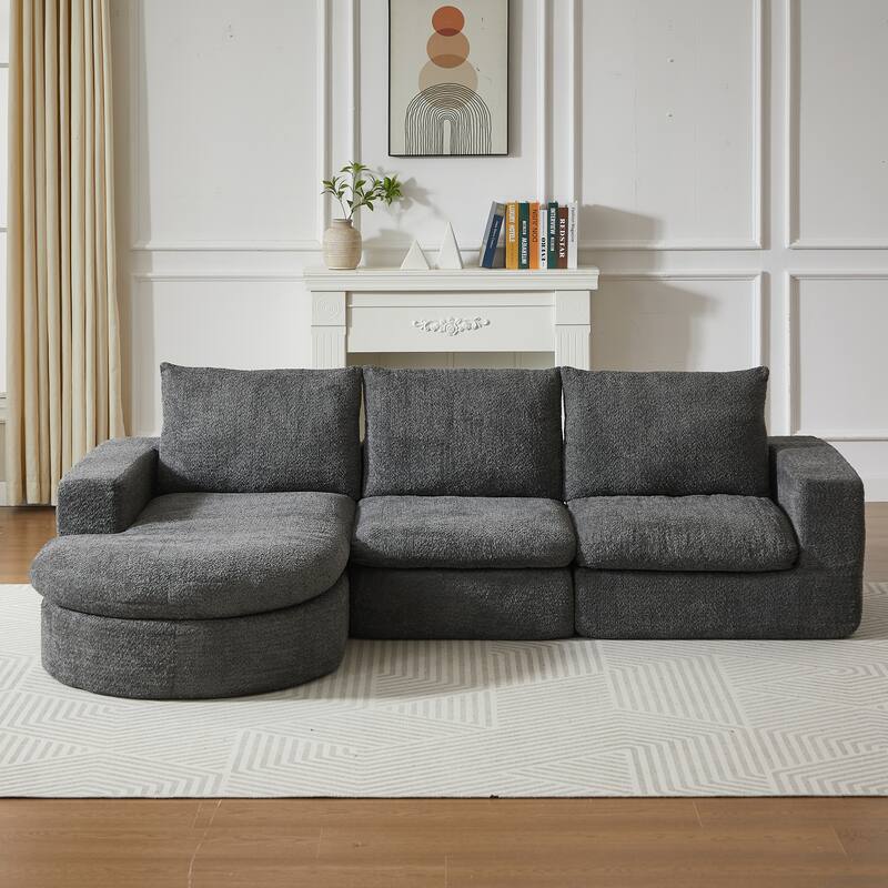 Curved Sectional Sofa with L-Shape Chaise, Chenille Upholstered Boneless Cloud Sofa, Modular 4 Seat Corner Sofa with Cushions