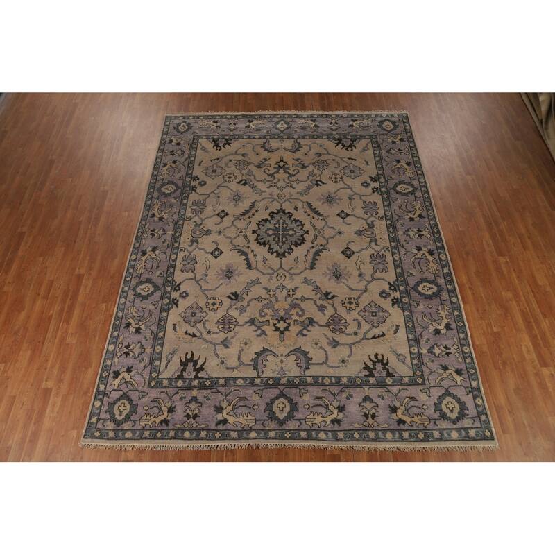 Oushak Indian Area Rug Handmade Beige Floral Wool Carpet - 9'0"x 11'7"
