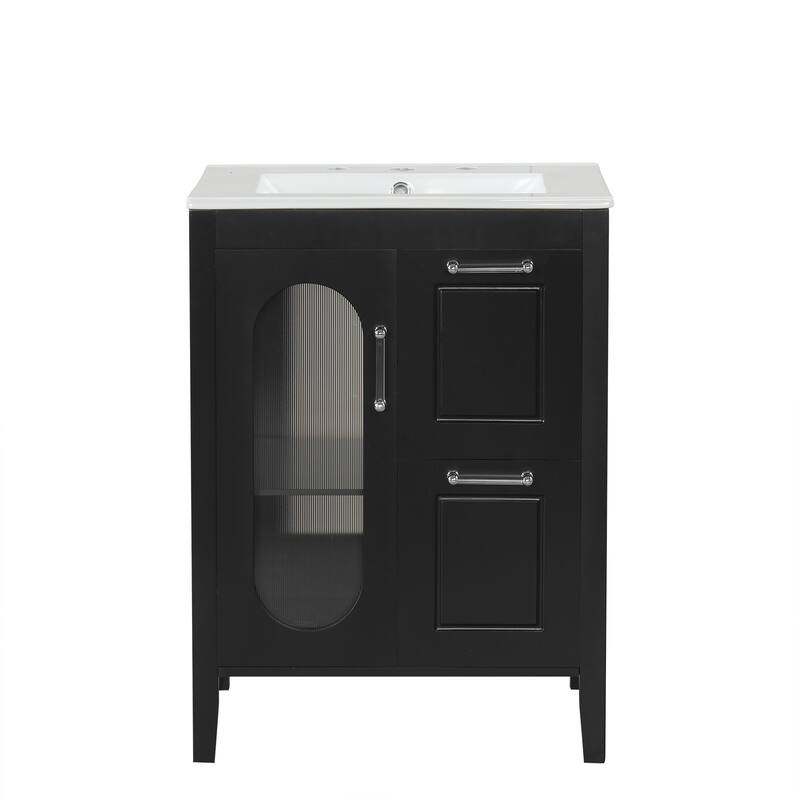 Roomfitters 24" Bathroom Vanity with Sink, Solid Wood Frame & Moru Glass Door, 2 Drawers & Adjustable Shelf