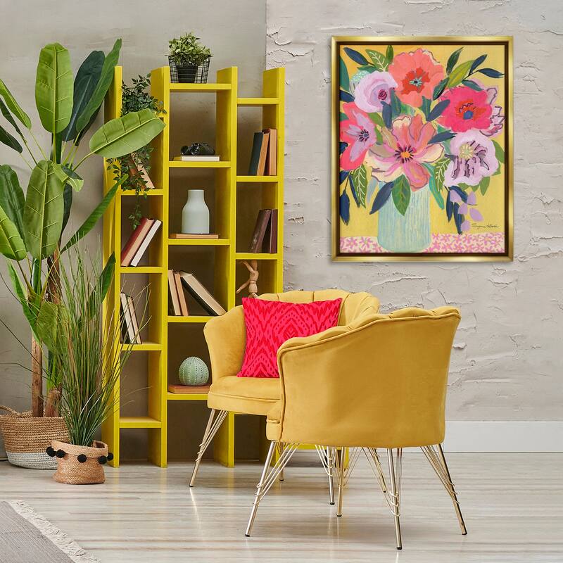 Stupell Vibrant Pink Bouquet on Yellow Framed Floater Canvas Wall Art Design By Suzanne Allard