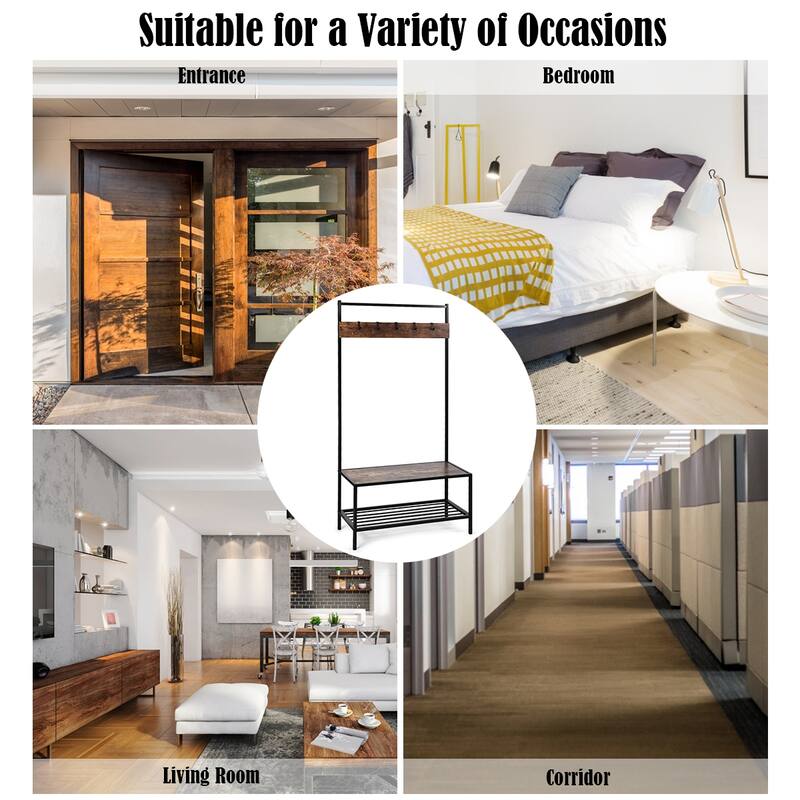 COSTWAY 3 in 1 Industrial Coat Rack Shoe Bench Entryway Hall Tree - 35.5'' x 16'' x 67'' (LxWxH)