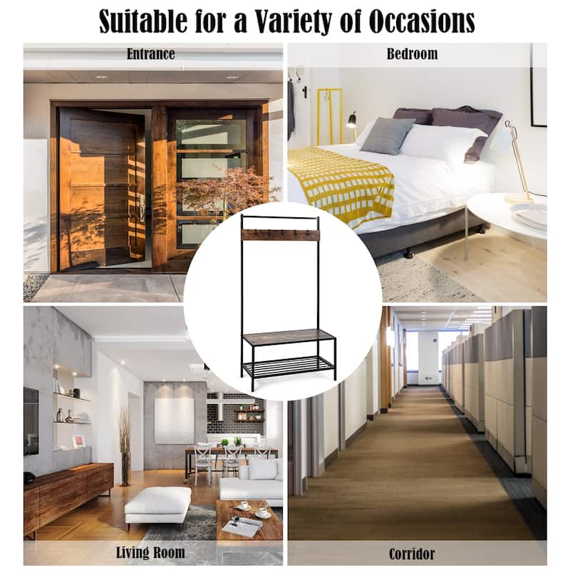 COSTWAY 3 in 1 Industrial Coat Rack Shoe Bench Entryway Hall Tree - 35.5'' x 16'' x 67'' (LxWxH)