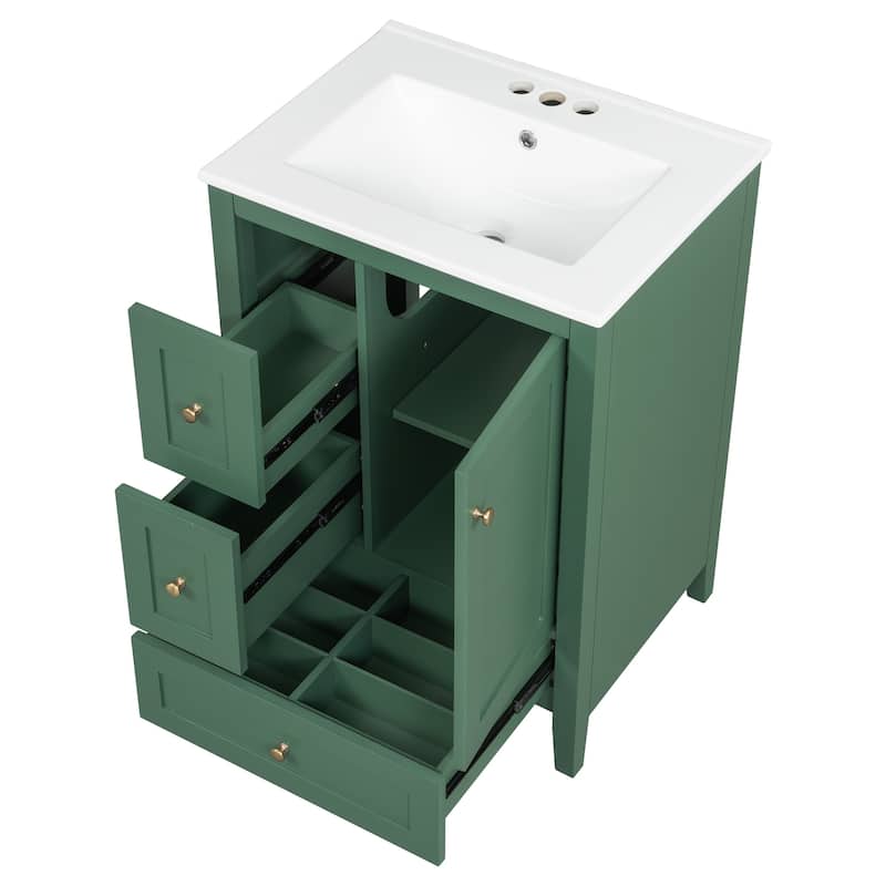 24-Inch Bathroom Vanity with Storage, Adjustable Shelf, MDF & Rubberwood, Removable Dividers