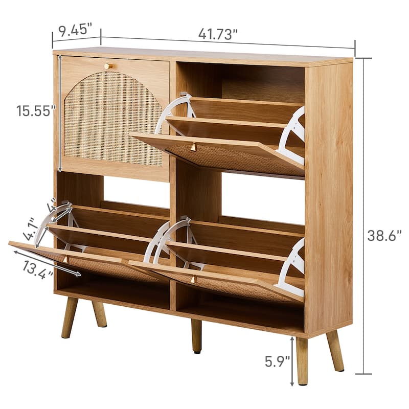 Wooden 2 Tier Flip Down Shoe Cabinet with Natural Rattan Arched Fronts Slim Design and 8 Compartments for 12 to 16 Pairs