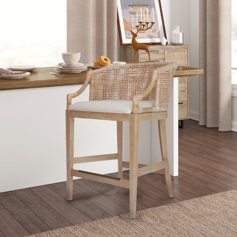Martha Stewart Playa Handcrafted Rattan & Wood Counter Stool 25" H - Natural Whitewash