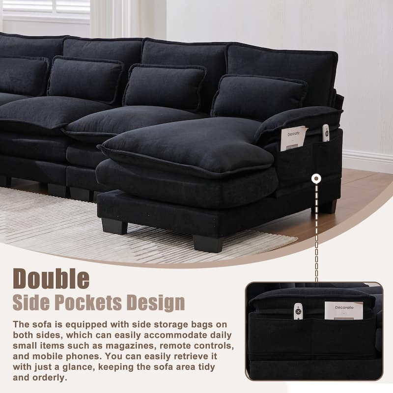 HOMEFUN Chenille Upholstered U-Shaped Modular Wood Frame Sleeper Sectional Sofa with Double Chaise
