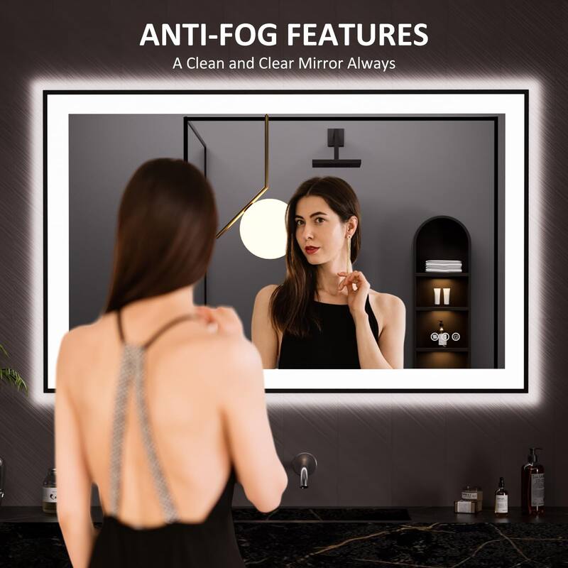 48x30 Smart LED Bathroom Mirror with Anti Fog Dimmable Lighting White Tempered Glass