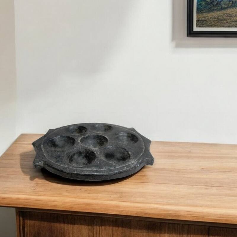 HomeRoots 10" Black Cement Seven Tealight Round Candle Holder - 10" W x 2" H - 10" W x 2" H - Black