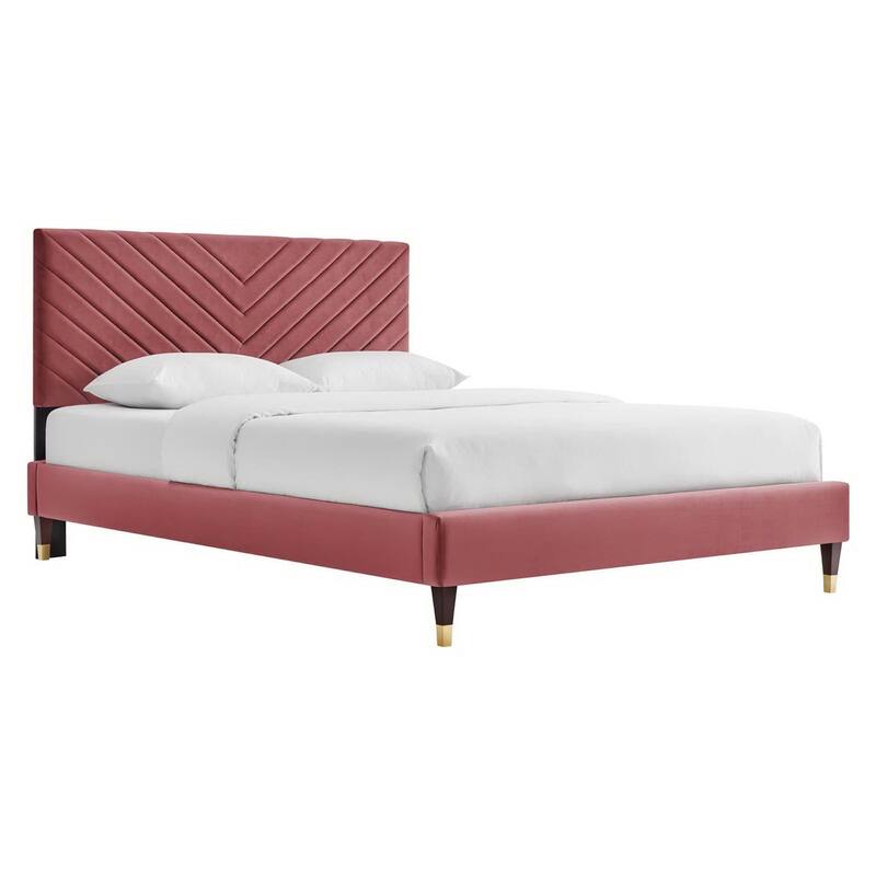 Roxanne Performance Velvet Platform Bed With Wood and Gold Legs