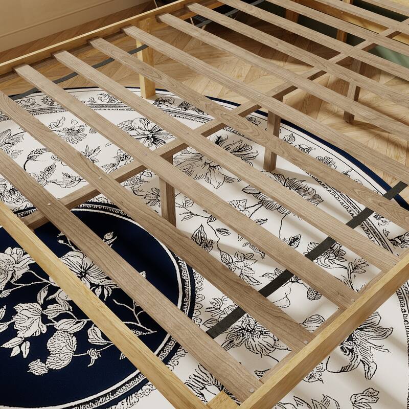 Solid Wood Bed Frame with Rattan Headboard - Natural Finish Platform Bed