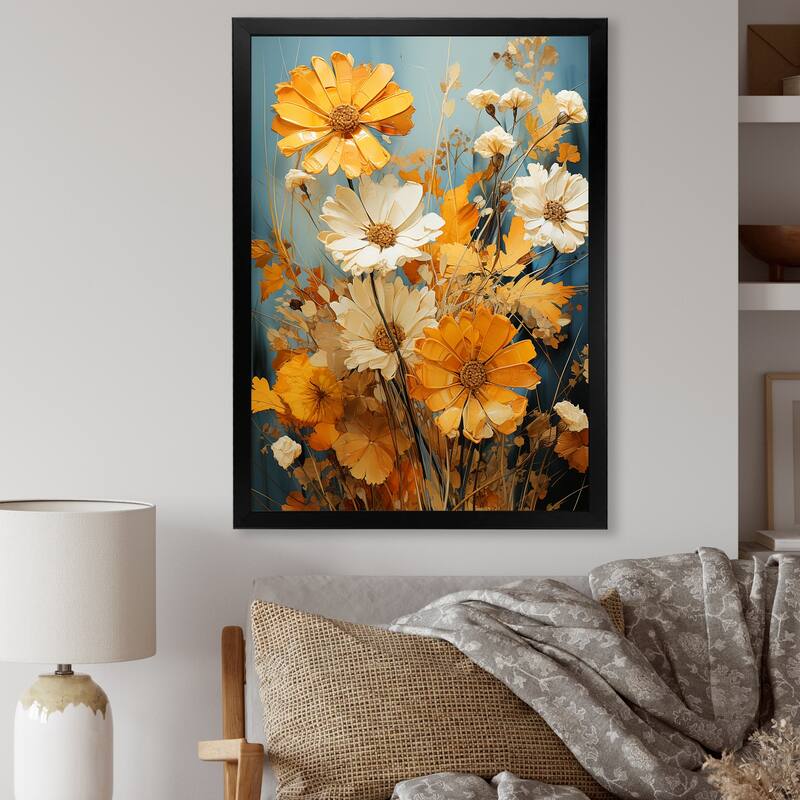 Designart "Vintagea Sunshine Sunflowers II" Sunflowers Framed Wall Art Prints - 16 in. wide x 32 in. high - Black
