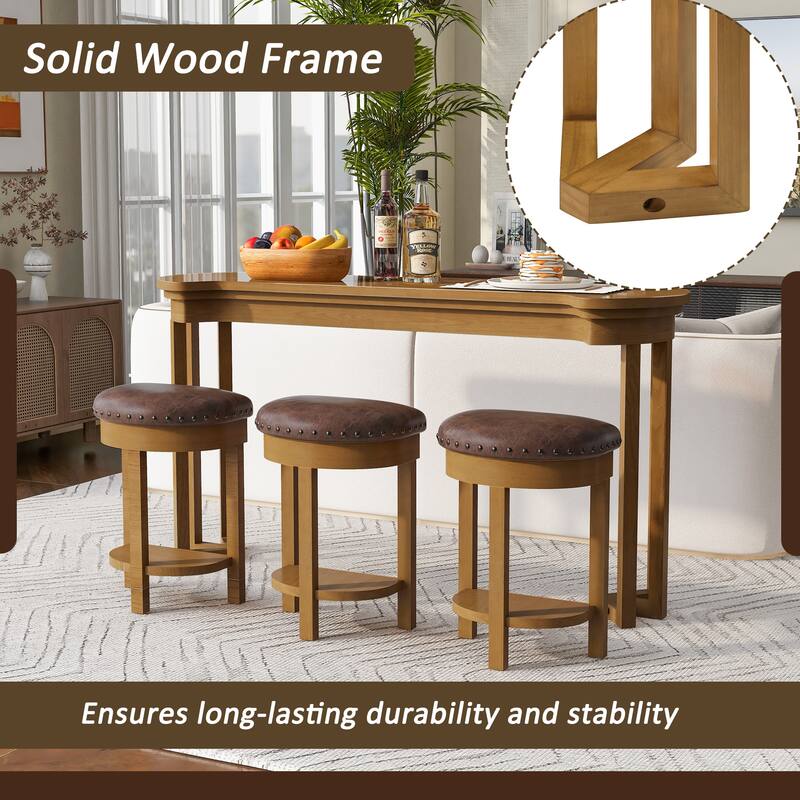 4 Piece Bar Table Set with 3 Bar Stools, Breakfast Table with 3 Padded Stools Solid Wood Counter Height Dining Table Set