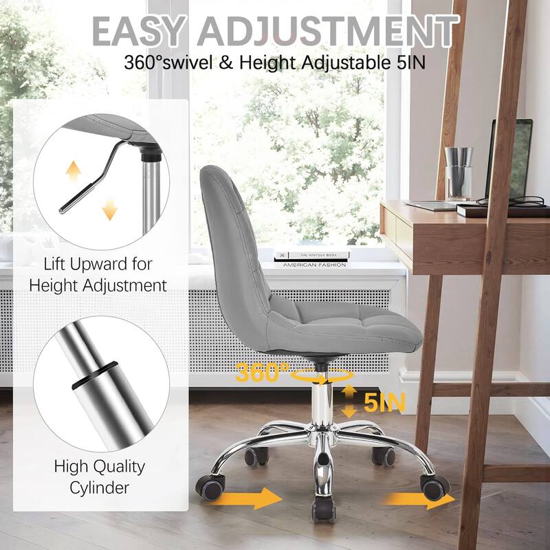 Javlergo PU Leather Armless Home Office Chair Height Adjustable 360° Swivel Computer Desk Chair with Wheels