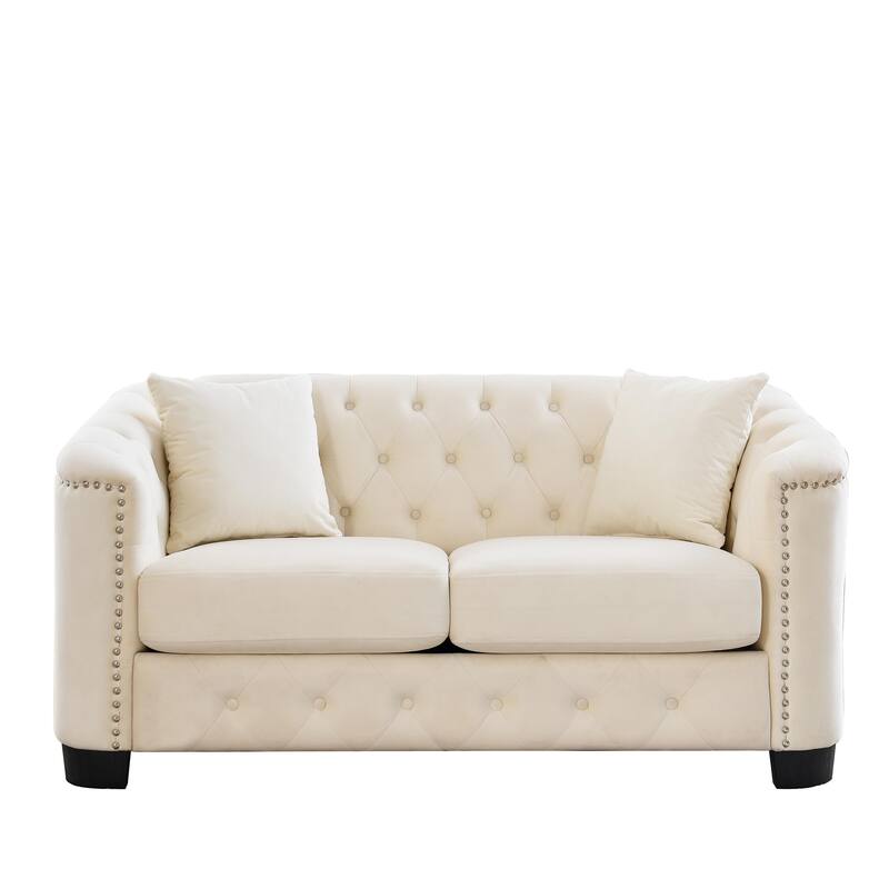 59-Inch Chesterfield Velvet Sofa - 2-Seater with Tufted Back and Nailhead Arms