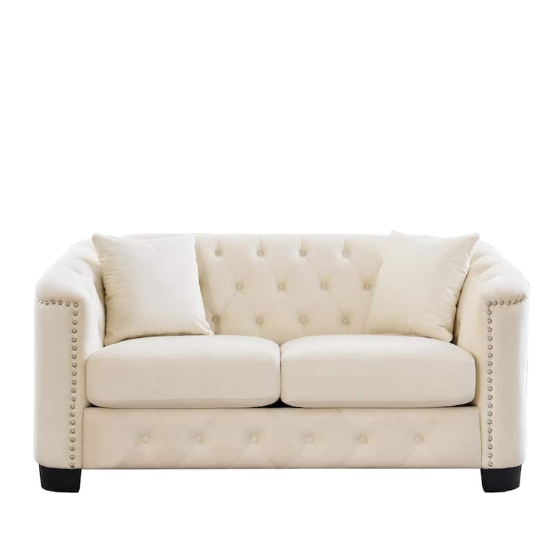 59-Inch Modern Chesterfield Velvet Sofa, 2-Seater Sofa, Upholstered Tufted Backrests with Nailhead Arms and 2 Cushions for Livin - N/A