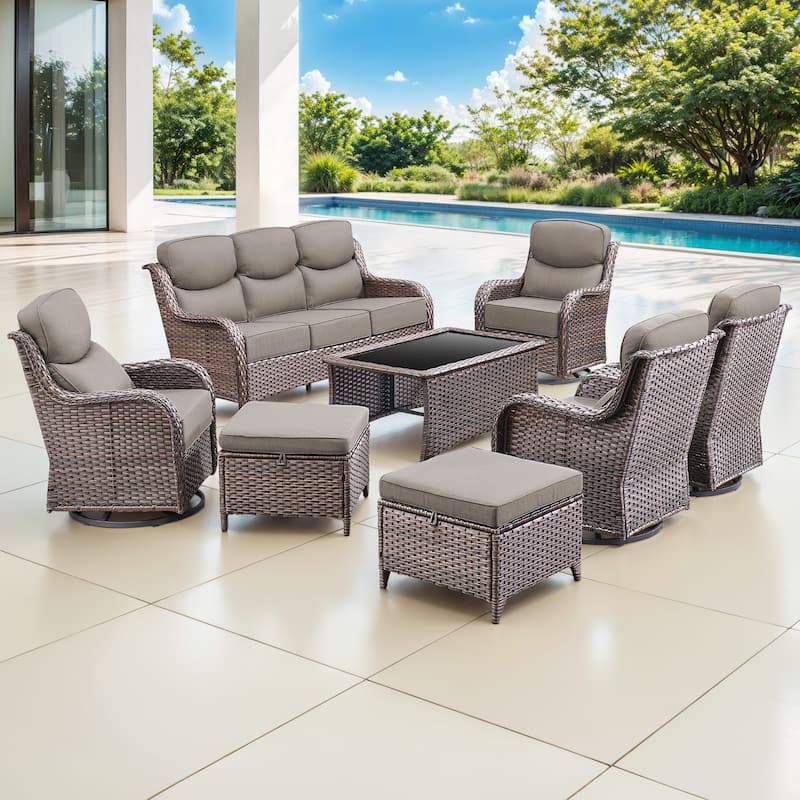 Gymojoy 8-Piece Patio Furniture Set with Swivel Glider Chairs, 6-Inch Ultra-Plush Cushions & Water-Resistant Olefin Fabric - Brown Wicker / Grey Cusion - 8-Piece