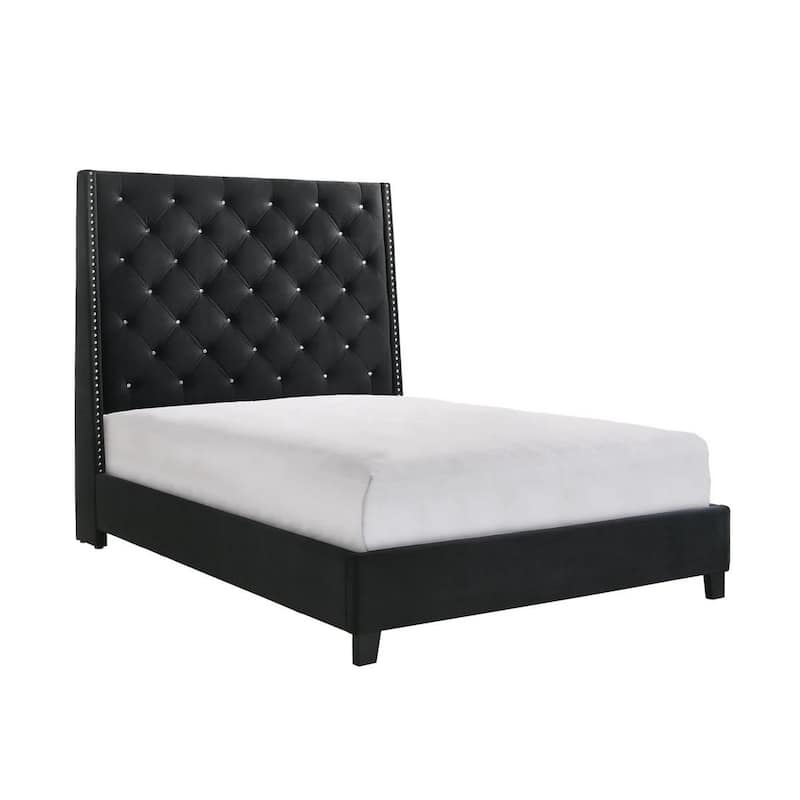 Maze King Size Bed, Button Tufted, Nailhead Trim, Black Fabric Upholstery