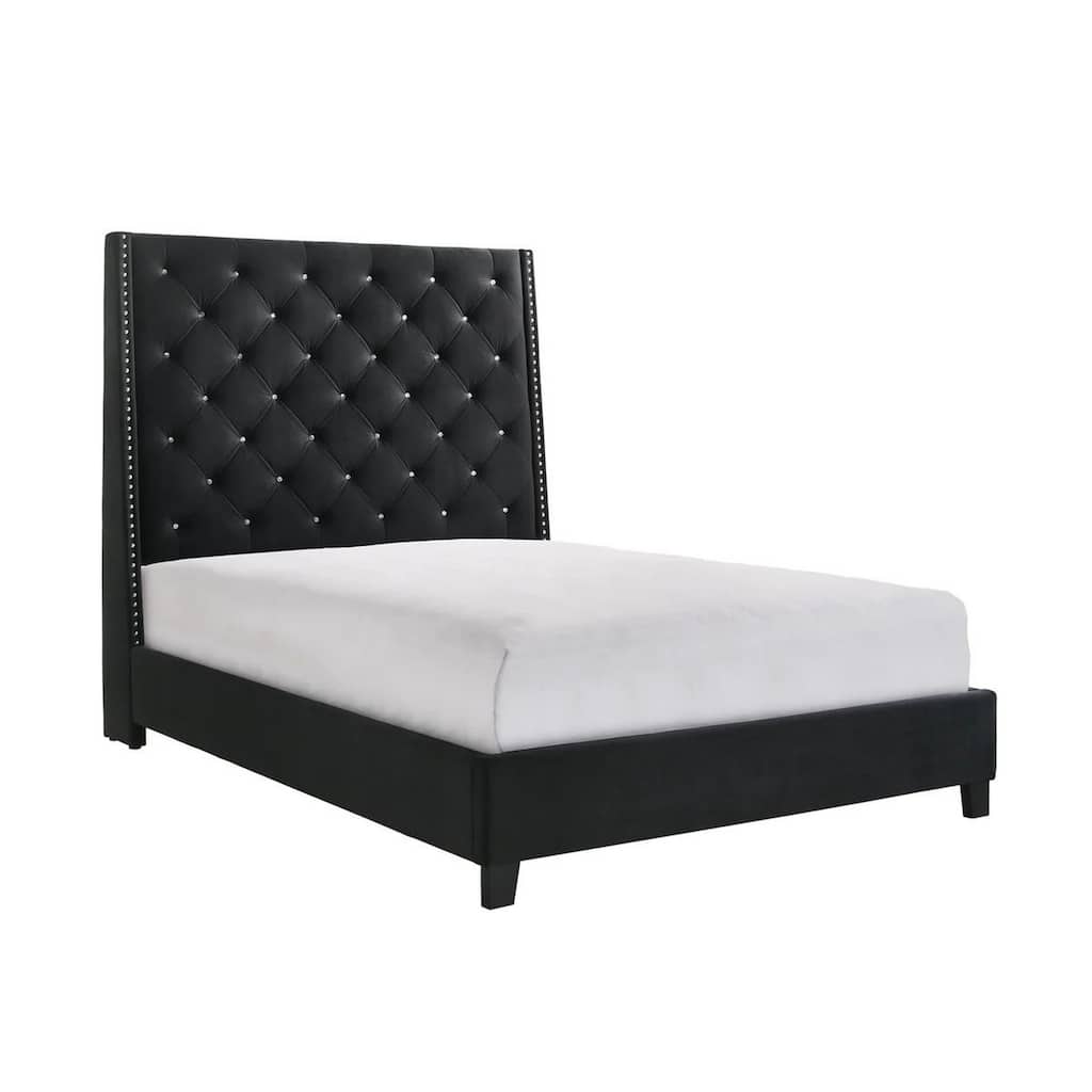 Maze Queen Size Bed, Button Tufted, Nailhead Trim, Black Fabric Upholstery