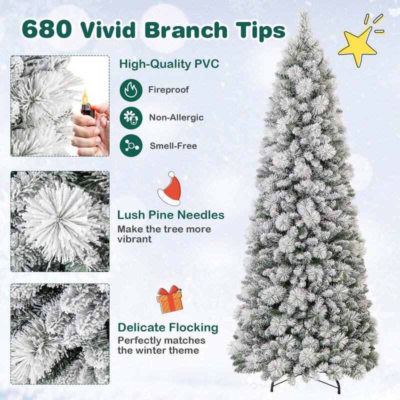 Costway 6/7 FT Flocked Christmas Tree with Pine Needles 517/680 Branch