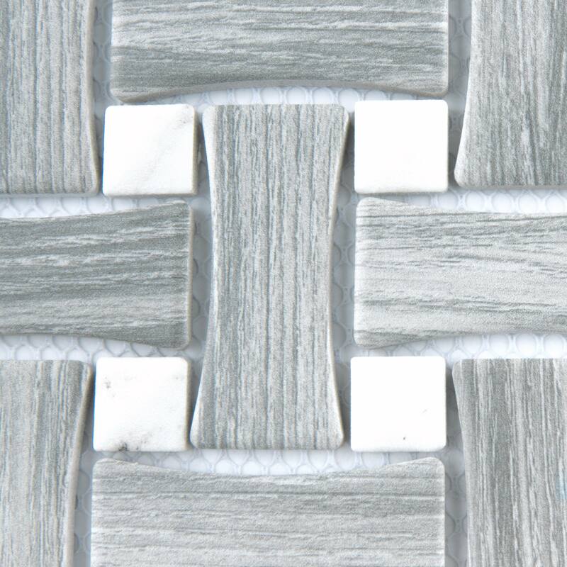 Merola Tile Llama Dog Bone Basketweave Silver Smoke/Calacatta Dot 10" x 10" Porcelain Mosaic Floor and Wall Tile