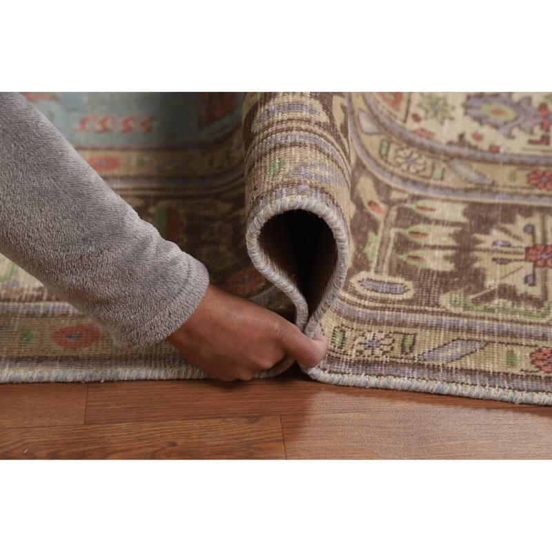 Light Blue Geometric Tabriz Persian Vintage Rug Handmade Wool Carpet - 7'10" x 10'9"