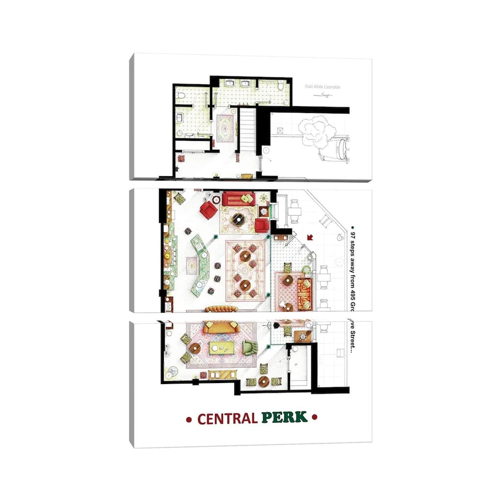 iCanvas "Floorplan Of Central Perk From Friends" by TV Floorplans & More 3-Piece Canvas Wall Art Set