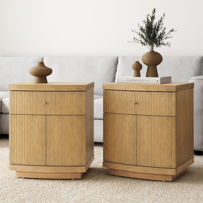 Tambellini Mid Century Modern Nightstand, Solid Wood Bedside Table with Drawer and Cabinet Storage - Set of 2