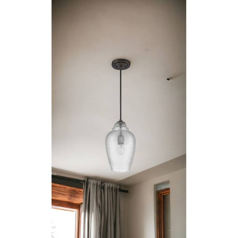 HomeRoots Antique Bronze Hanging Light with Textured Glass Shade - 8.5' X '13.25' X '8.5 - 8.5' X '13.25' X '8.5