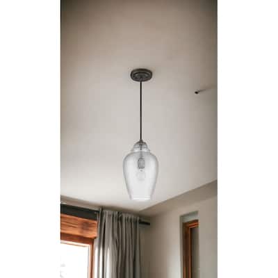 HomeRoots Antique Bronze Hanging Light with Textured Glass Shade - 8.5' X '13.25' X '8.5