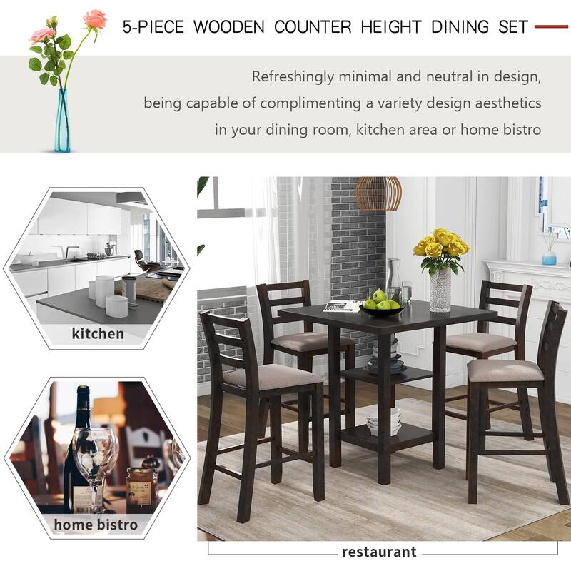 Espresso 5-Piece Counter Height Wooden Dining Table Set with 4 Chairs & Storage
