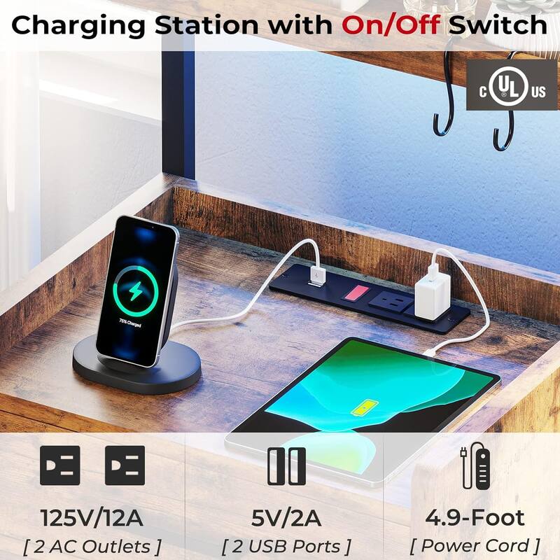2 Drawer Nightstand with LED Lights Charging Station