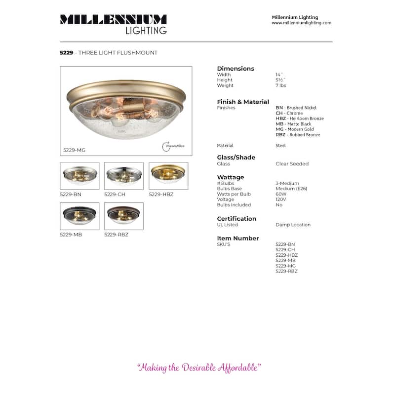 Millennium Lighting Metal 3 Light Flushmount Ceiling Light