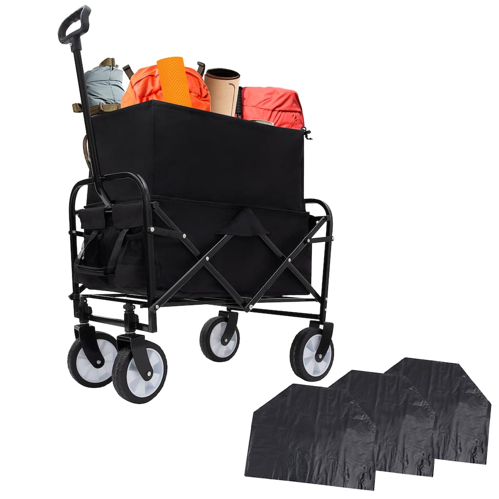 Heavy-Duty Collapsible Wagon with 3-Piece Multi-Use Bag Set - Utility Cart with Liner Covers, Black
