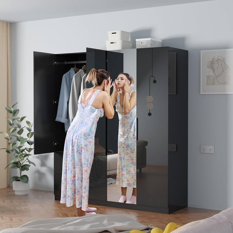 Armoire 4 Doors 2 Drawers with Full-length Mirror Door with High Gloss Paint