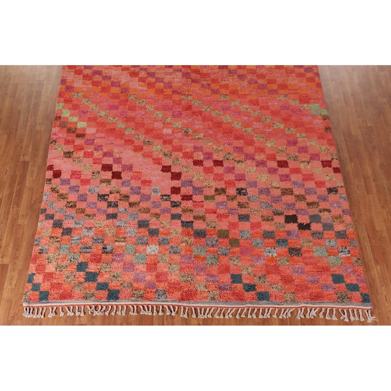 Coral Checkered Moroccan Area Rug Hand-Knotted Wool Carpet - 8'11" x 12'7"