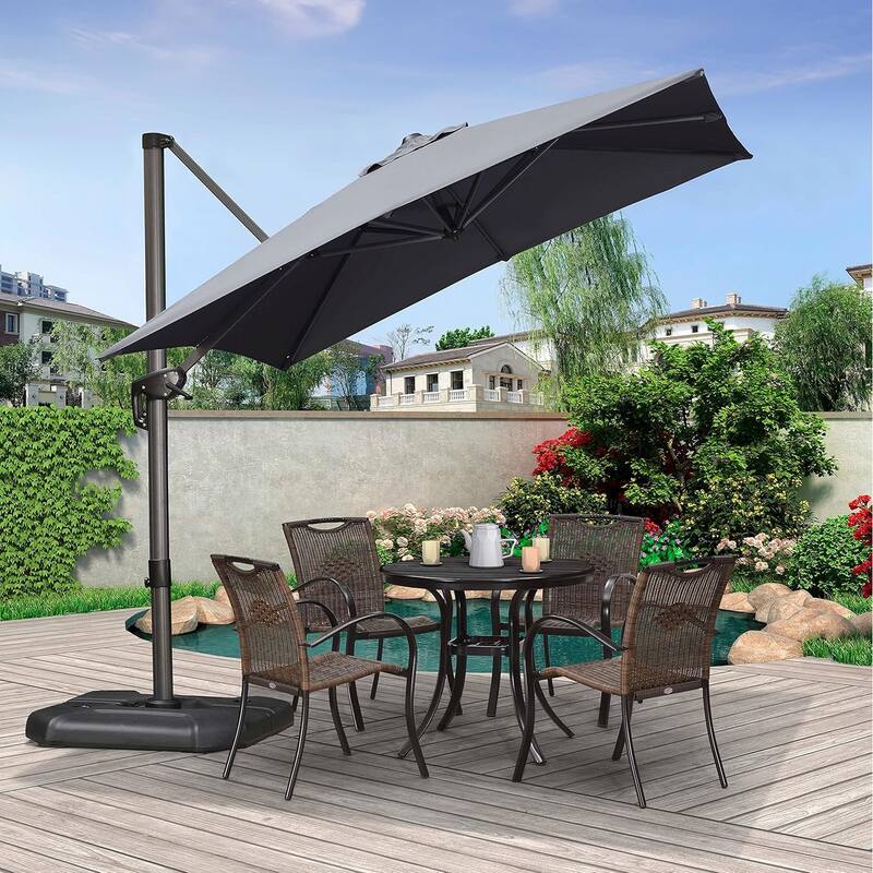 PURPLE LEAF 8 ft 360 Degree Rotation Patio Umbrella With Base - Light grey
