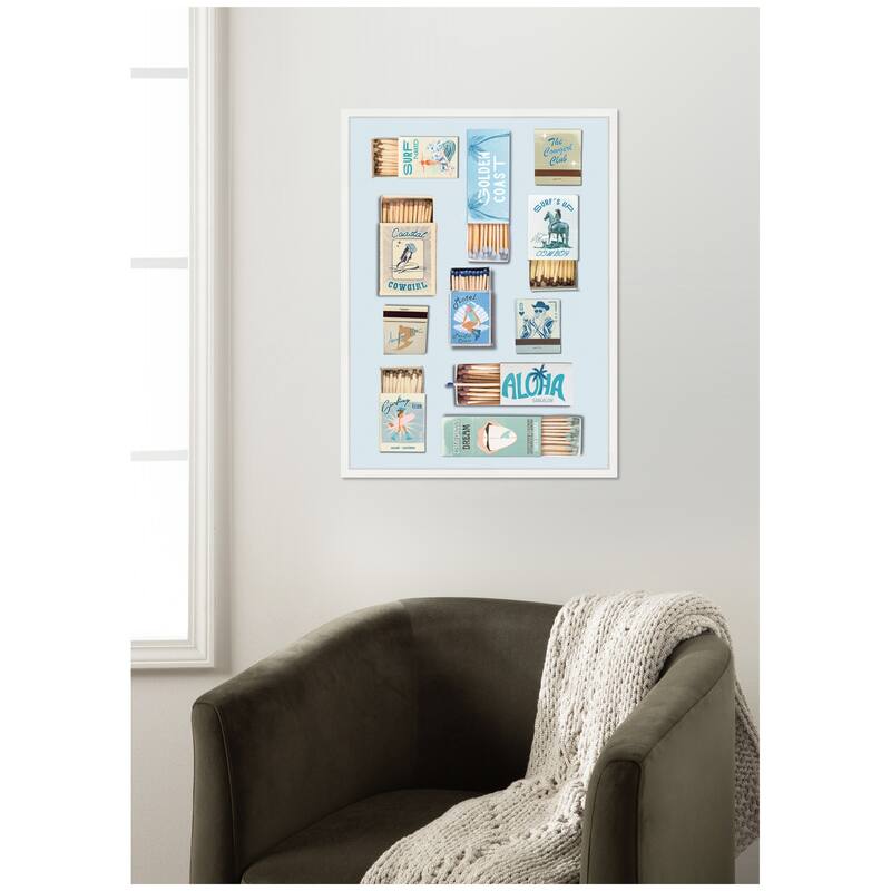 Kate and Laurel Retro Matchbox Blue Coastal Cowgirl 18x24 FC by Honey Island Studio Framed Canvas Wall Art Print