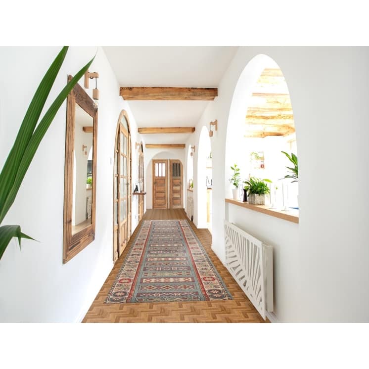 Light Blue Traditional Kazak Runner Rug Hand-Knotted Wool Carpet - 3'1" x 16'5"