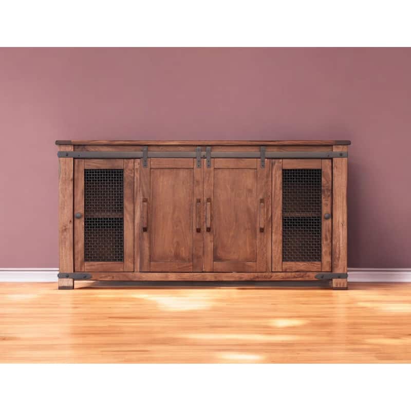 HomeRoots 70" Brown Solid Wood Cabinet Enclosed Storage Distressed TV Stand - 70' X '34.75' X '17.75 - Brown - 70' X '34.75' X '17.75