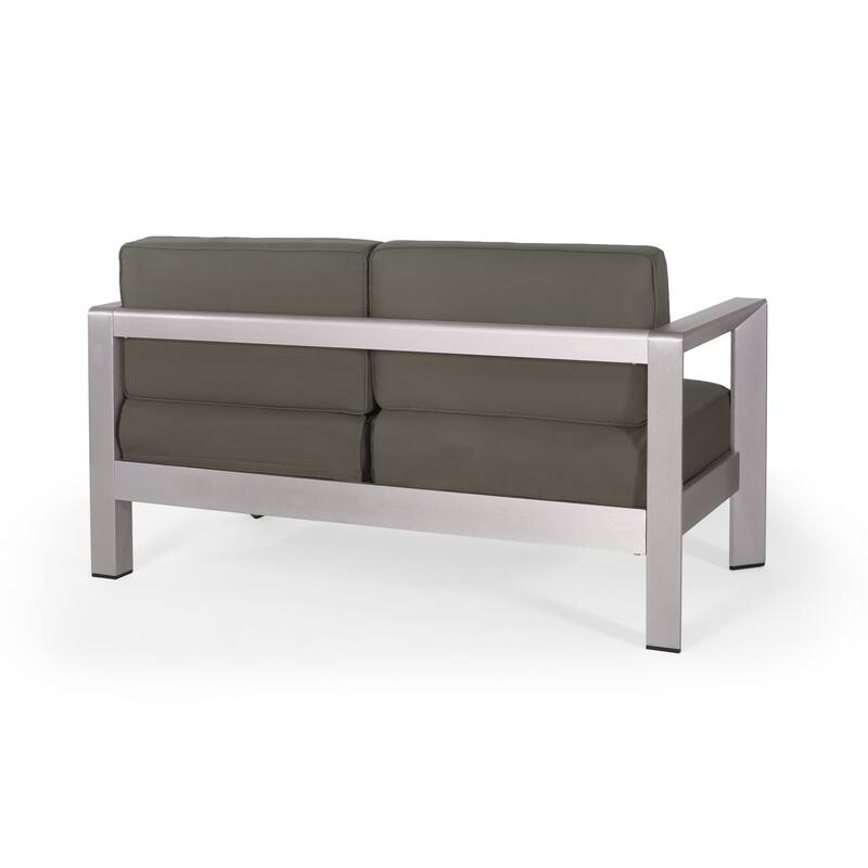 Roomfitters Aviara Outdoor Aluminum Loveseat with Deep Seating, Modern Silver Finish