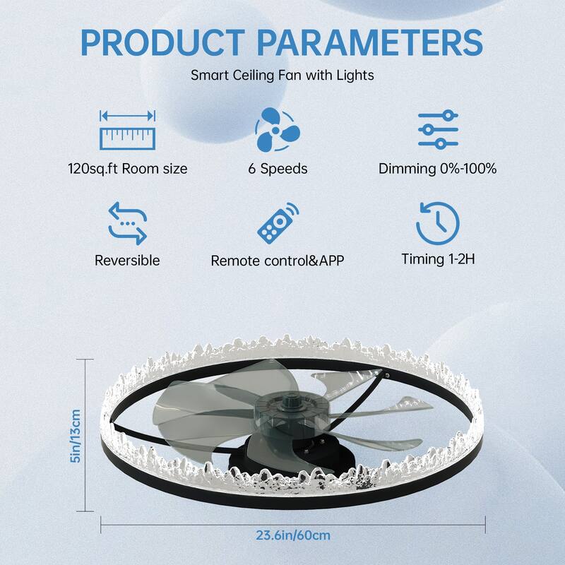 LunaDrift 16"20"24" Modern Black Crystal Smart Flush Mount Ceiling Fan with Light, Dimmable Bedroom Ceiling Fan w/Remote