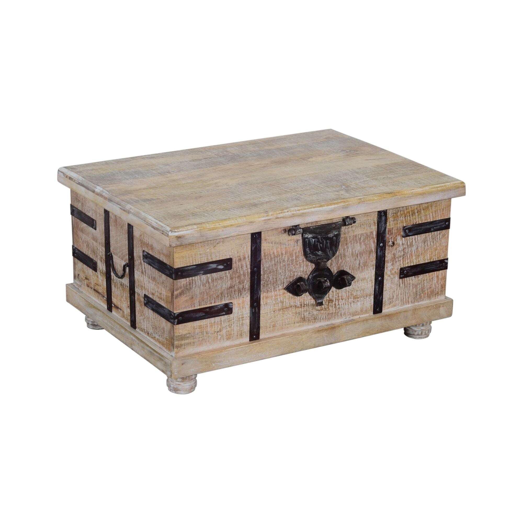 Farmhouse Mango Wood Lift Top Storage Coffee Table with Metal Inlays