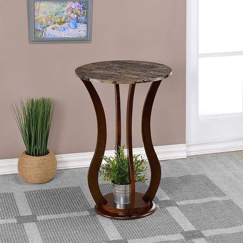 Brown Round Accent Table with Faux Marble Top - Brown