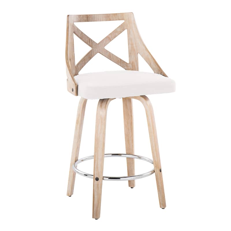 The Gray Barn Charlotte 26" Fixed-Height Counter Stool with Bent Wood Legs (Set of 2) - Cream Fabric/White Washed Wood/Chrome Footrest