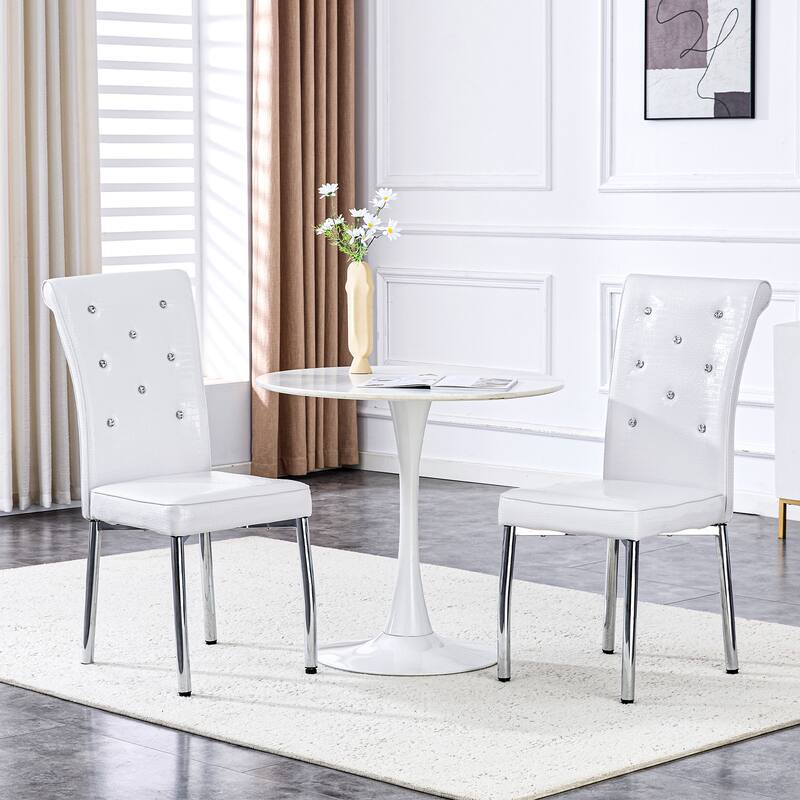 Set of 2 Retro alligator skin Upholstered dining chairs,with Crystal buckle design and Faux Leather design, metal legs - White
