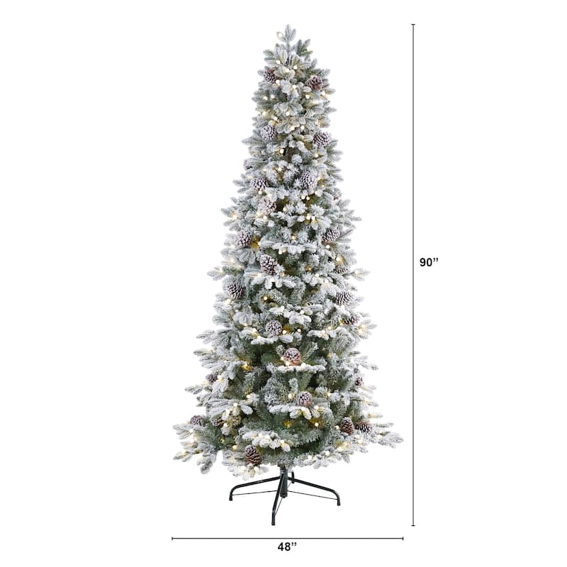 7.5ft Flocked Christmas Tree with Lights - Slim Pencil Artificial Tree, Pre-Lit Holiday Decor - White - 84