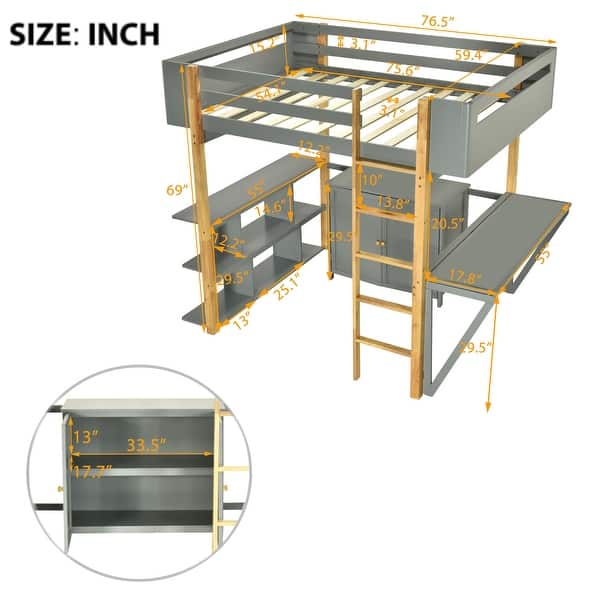dimension image slide 1 of 2, Full Size Wood Loft Bed with Built-in Storage Cabinet and Foldable Desk, Stylish Grey Design for Maximizing Space