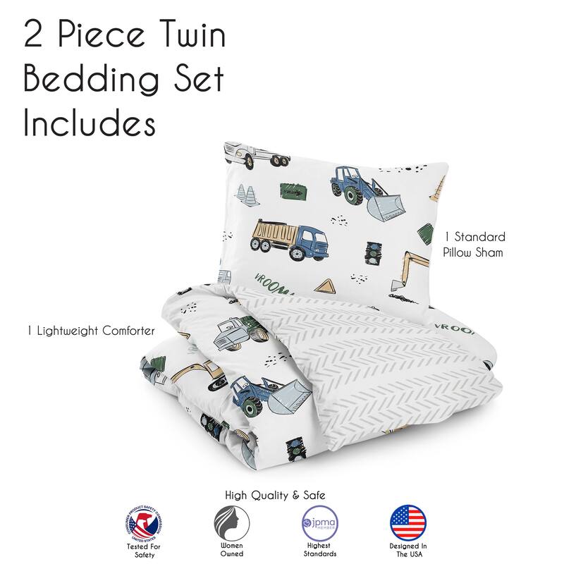 Construction Truck Collection Boy 2pc Twin-size Comforter Set - Grey Yellow Black Blue and Green Transportation Chevron Arrow