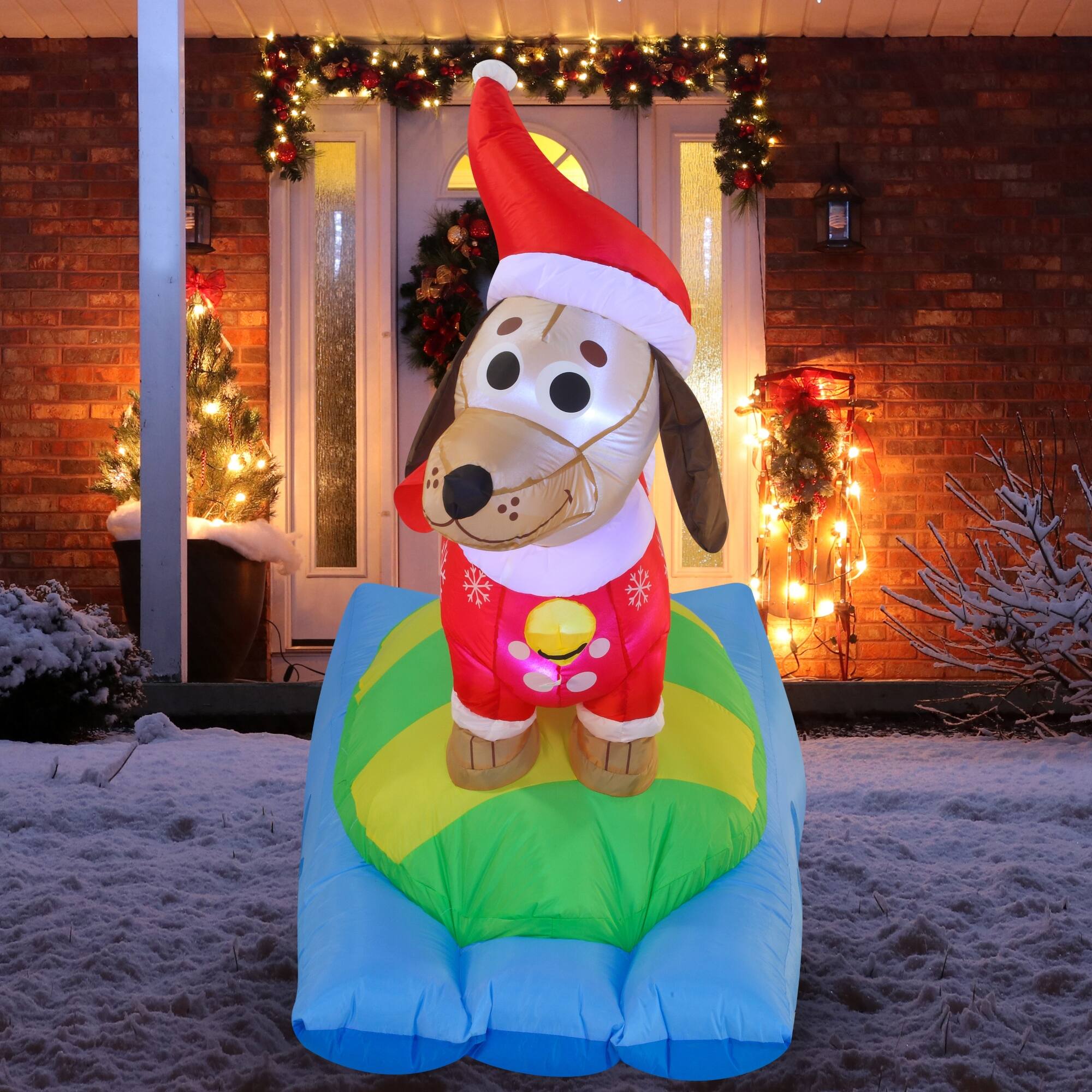 6 FT Syncfun Christmas Inflatable Weiner Dog Snowboarding with Builtin